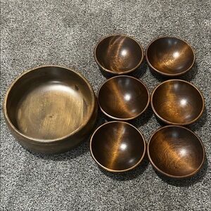 Wooden Salad Bowl with 6 Side Bowls